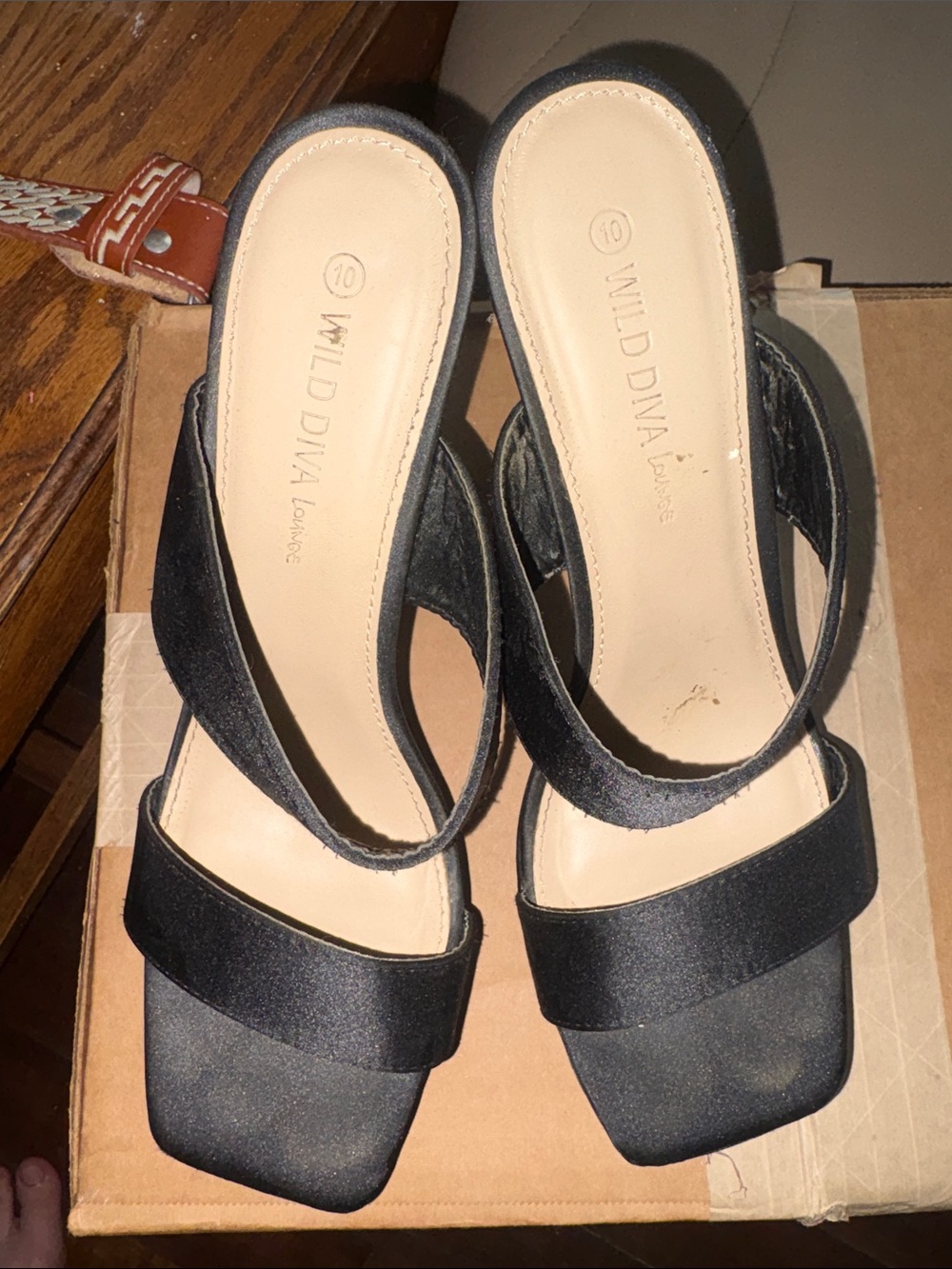 DIVA Lounge Black Satin Square-Toe Slide Heels